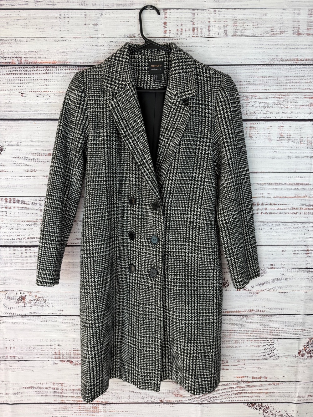 Forever 21 Contemporary Houndstooth Double Breasted Long Coat S